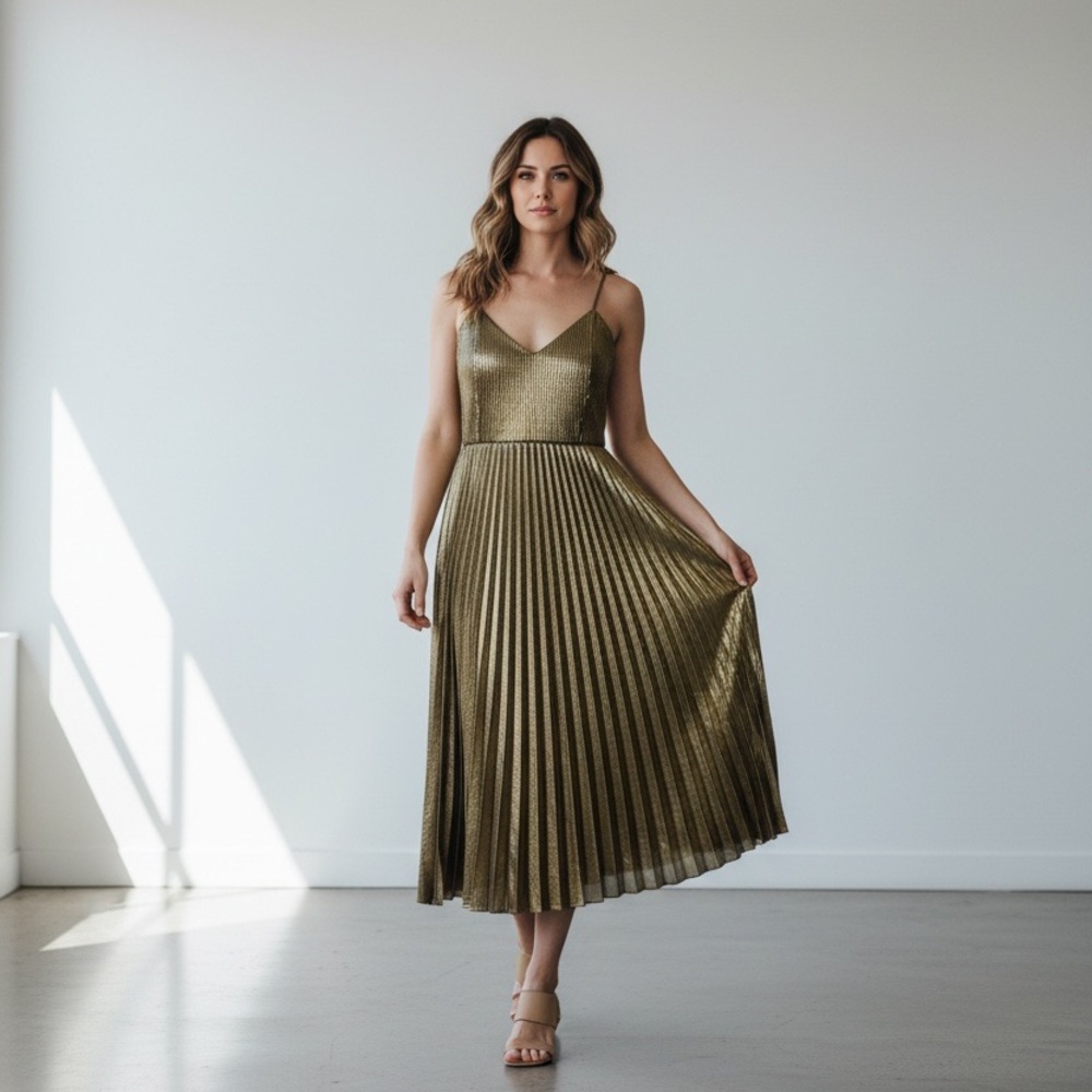 SILKY GOLD PLEATED MIDI DRESS